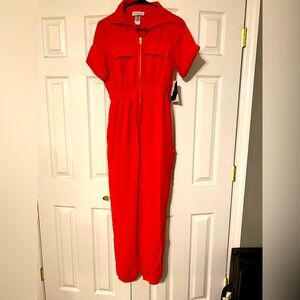 NWT Lovepoem brand orange red jumpsuit with jogger style bottom.